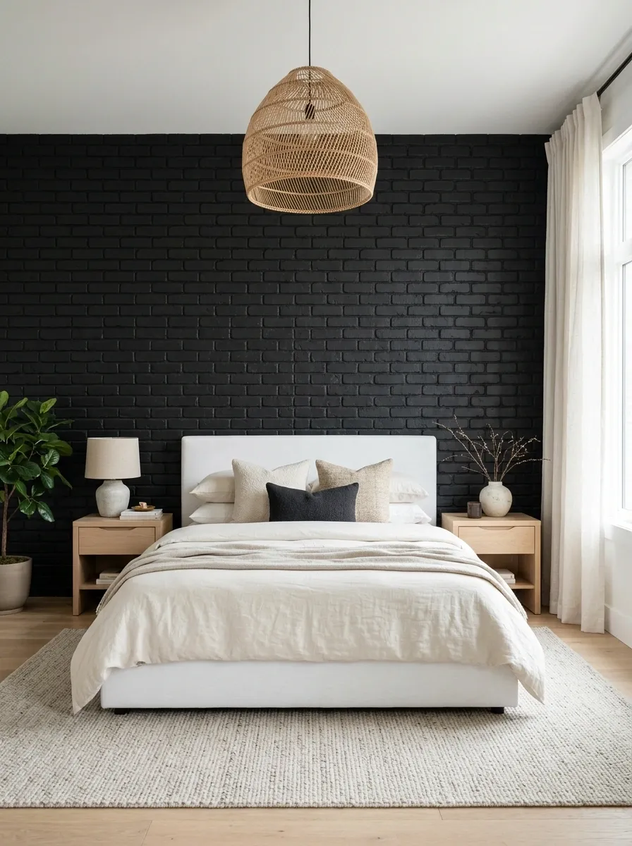 Black Brick Accent Wall With Soft White Bedding