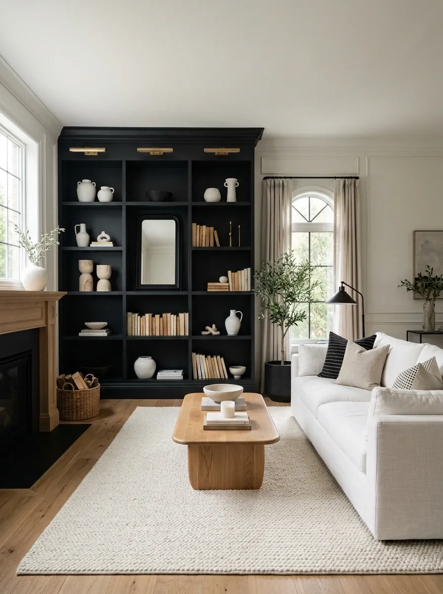 Black Built-Ins With a White Sofa