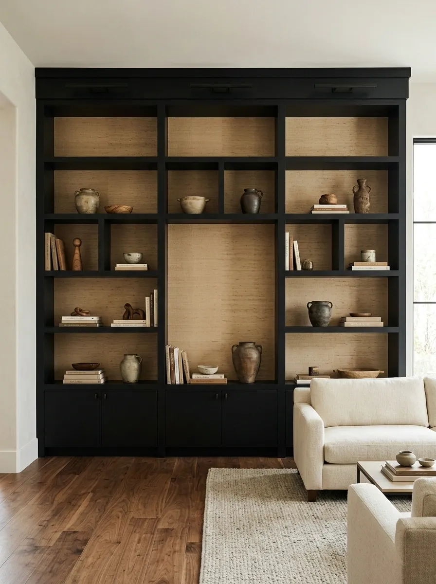 Black Built-Ins With Warm Neutral Grasscloth-Effect Wallpaper