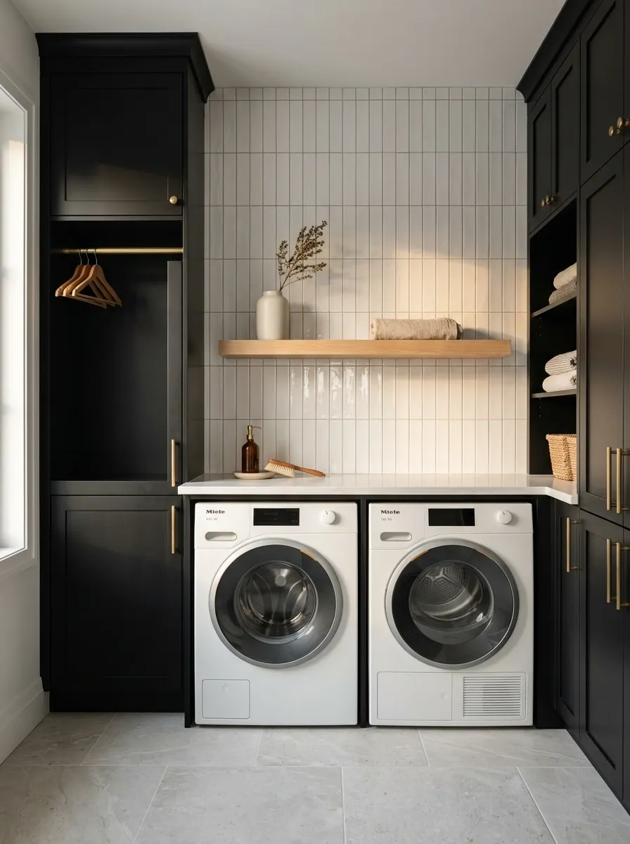 Black Cabinetry and Vertical White Tile in a Compact Utility Room