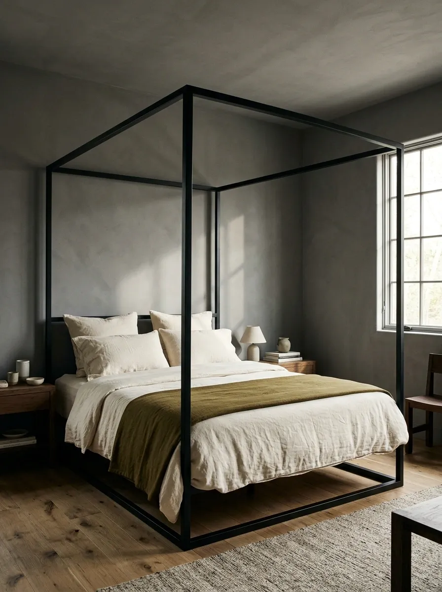 Black Canopy Bed With Cream Linen and Olive Accents