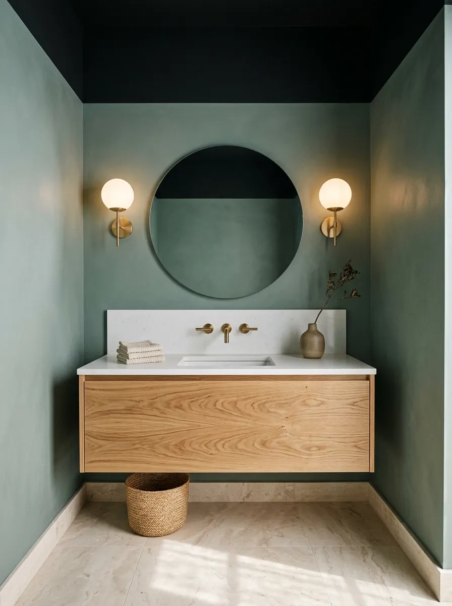 Black Ceiling Bathroom With Muted Green Walls and Oak