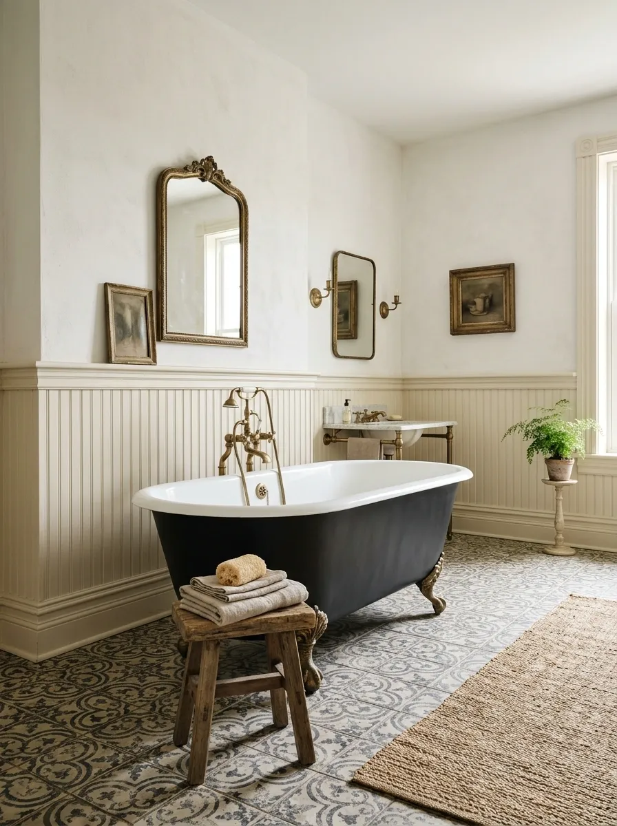 Black Clawfoot Tub Against Cream Beadboard Walls