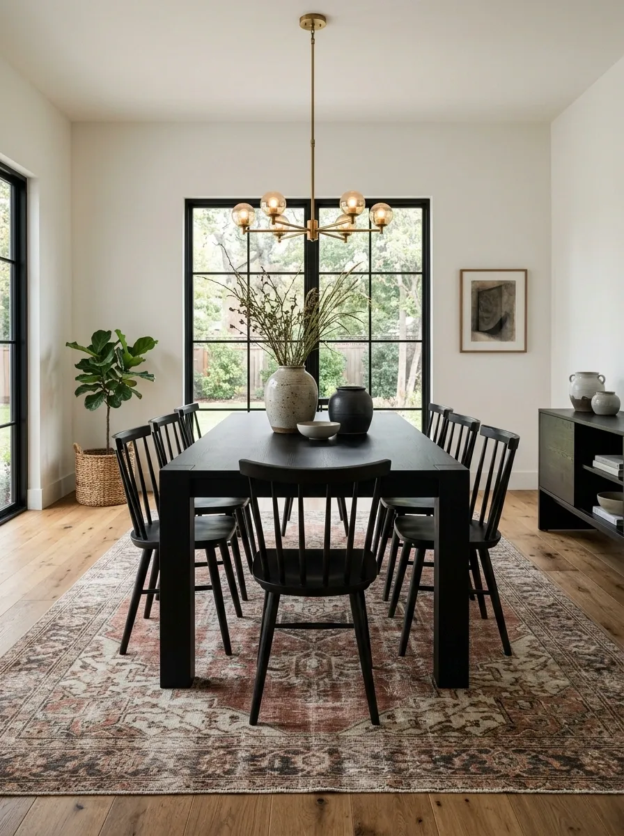 Black Dining Table With a Faded Terracotta Patterned Rug