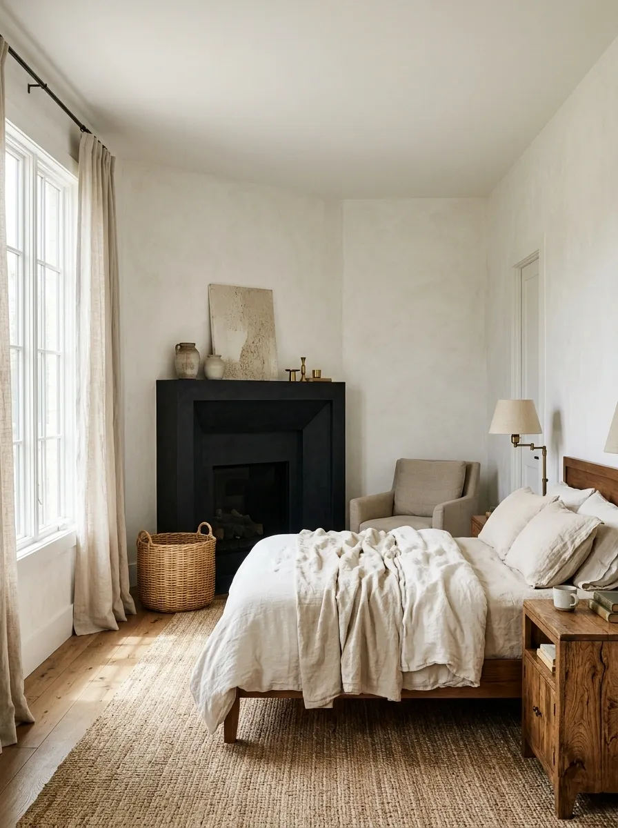 Black Fireplace Against Warm White Walls With Vintage Wood Furniture