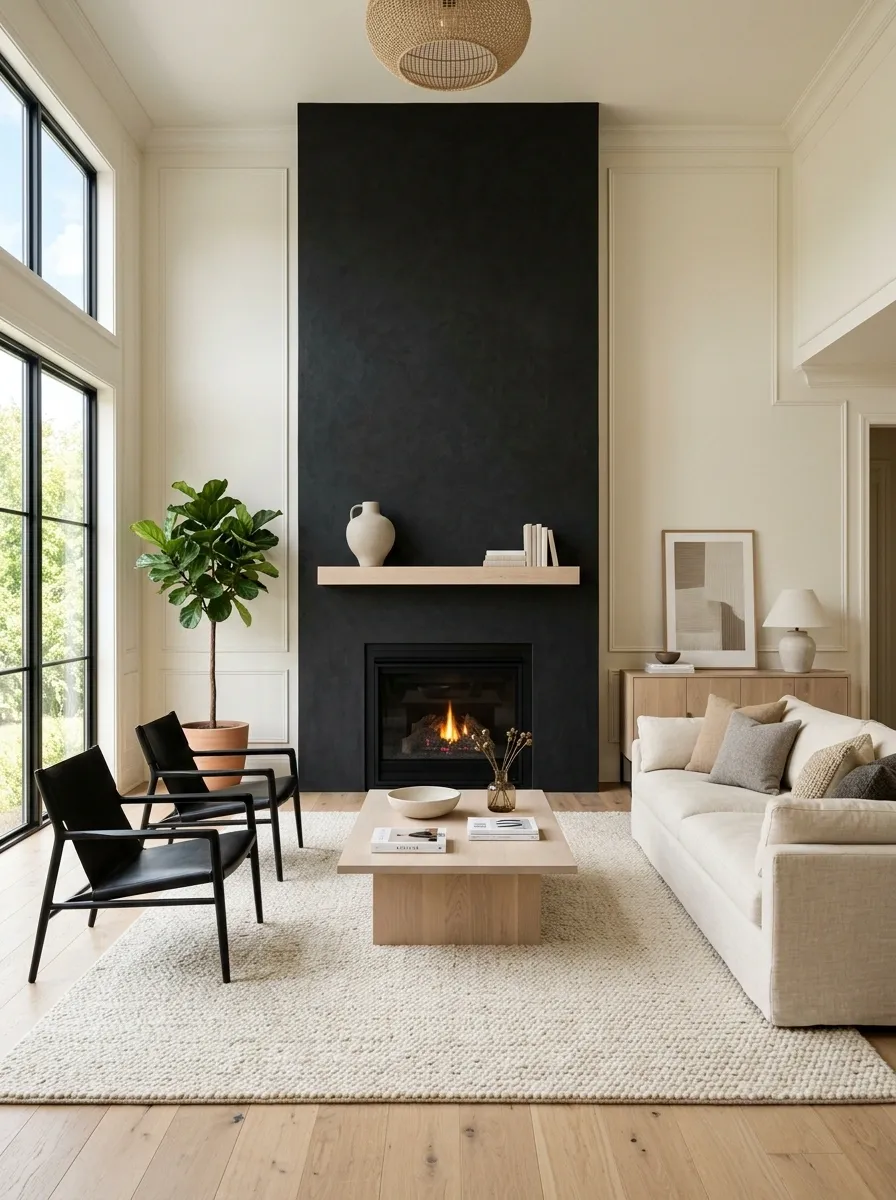 Black Fireplace Wall With Linen Seating