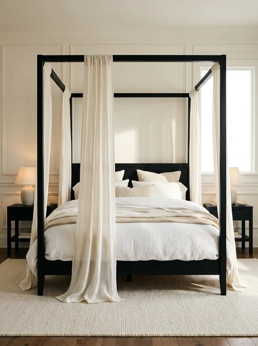 Black Four-Poster Bed With Oversized White Drapery