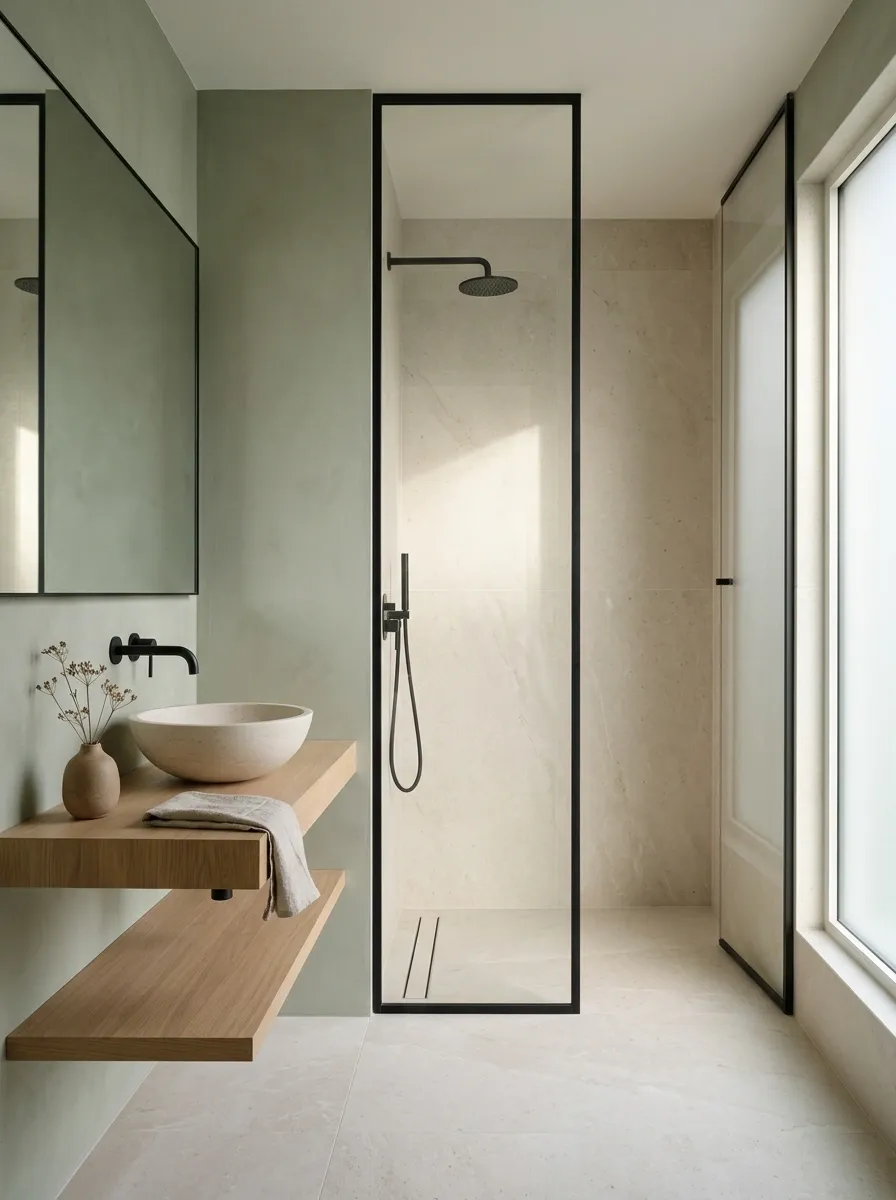 Black-Framed Green Bathroom With Large-Format Stone