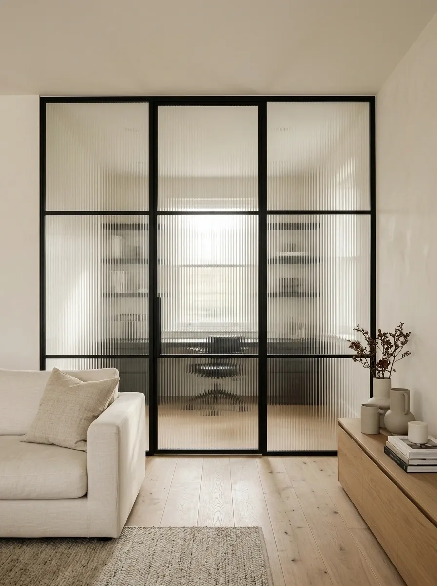 Black-Framed Reeded Glass Partition Around an Interior Opening