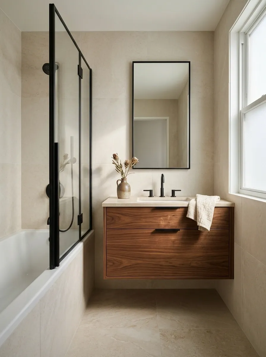 Black-Framed Shower Screen With Walnut Cabinetry