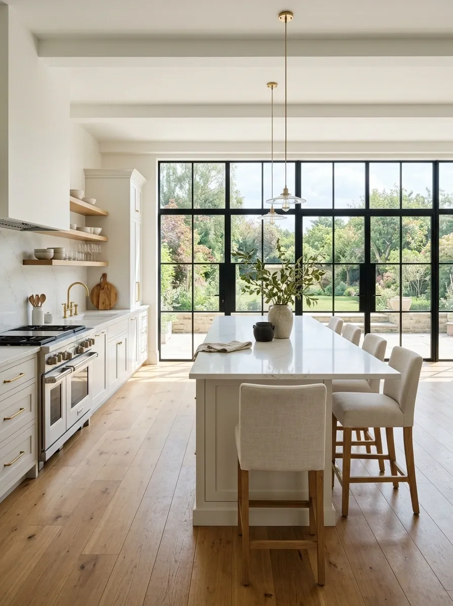 Black-Framed Window Kitchen With a Long White Island