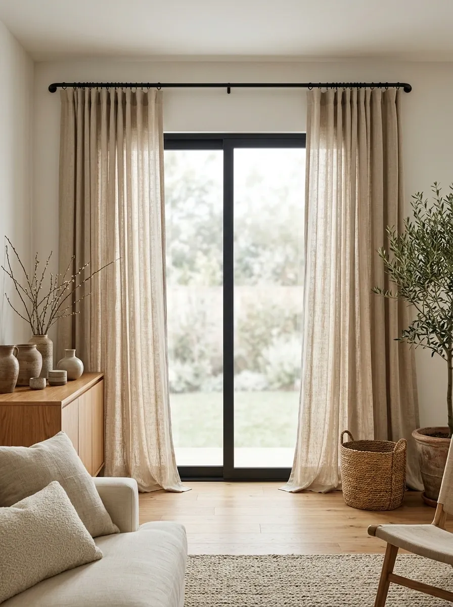 Black French-Return Rods With Flax-Colored Curtains