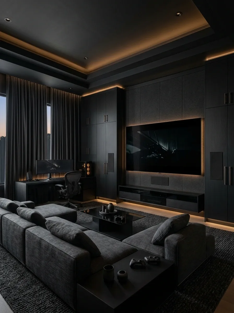 Black Gaming Room That Doubles as a Home Cinema