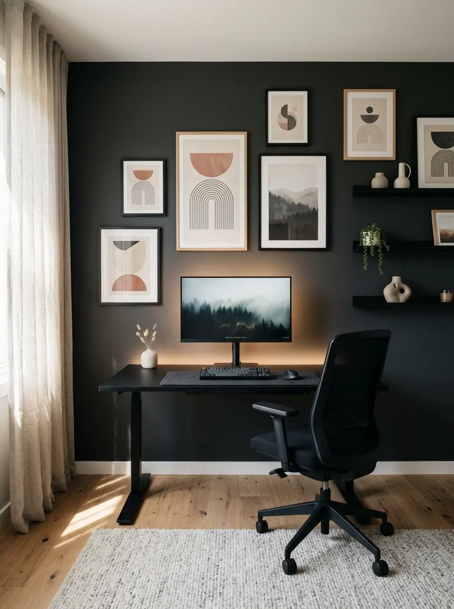 Black Gaming Setup With an Art-Led Feature Wall