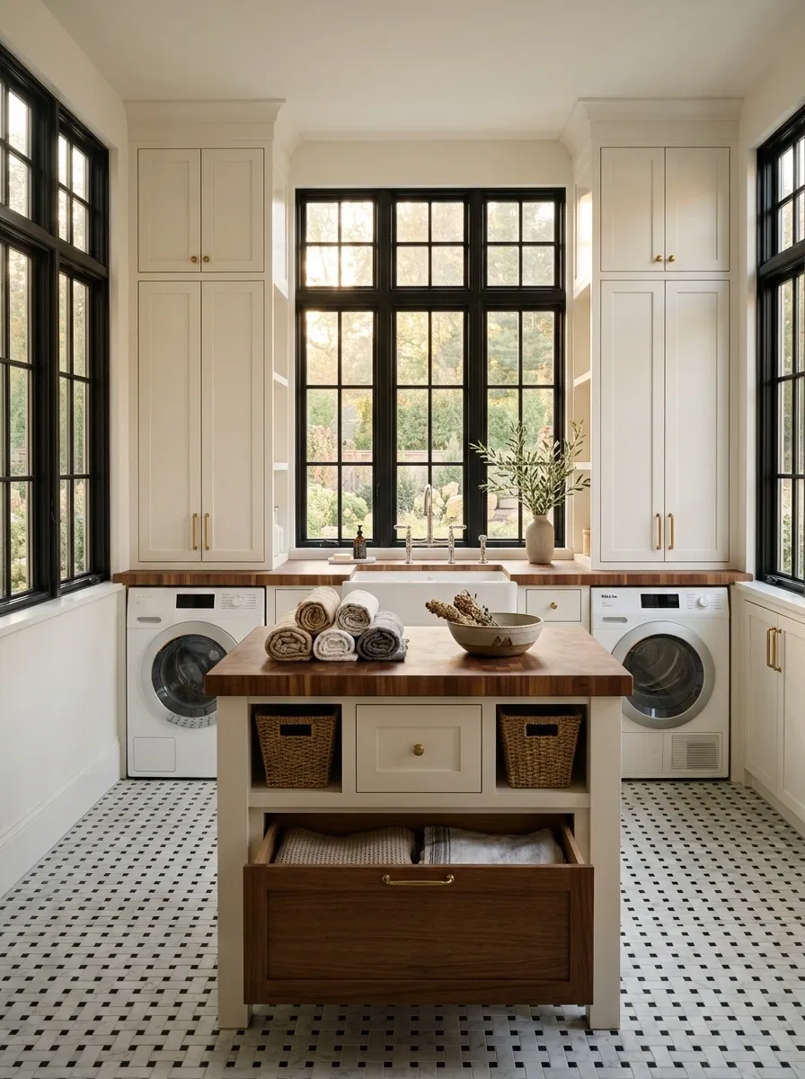 Black Grid Windows With Warm White Cabinetry and Checkerboard Tile