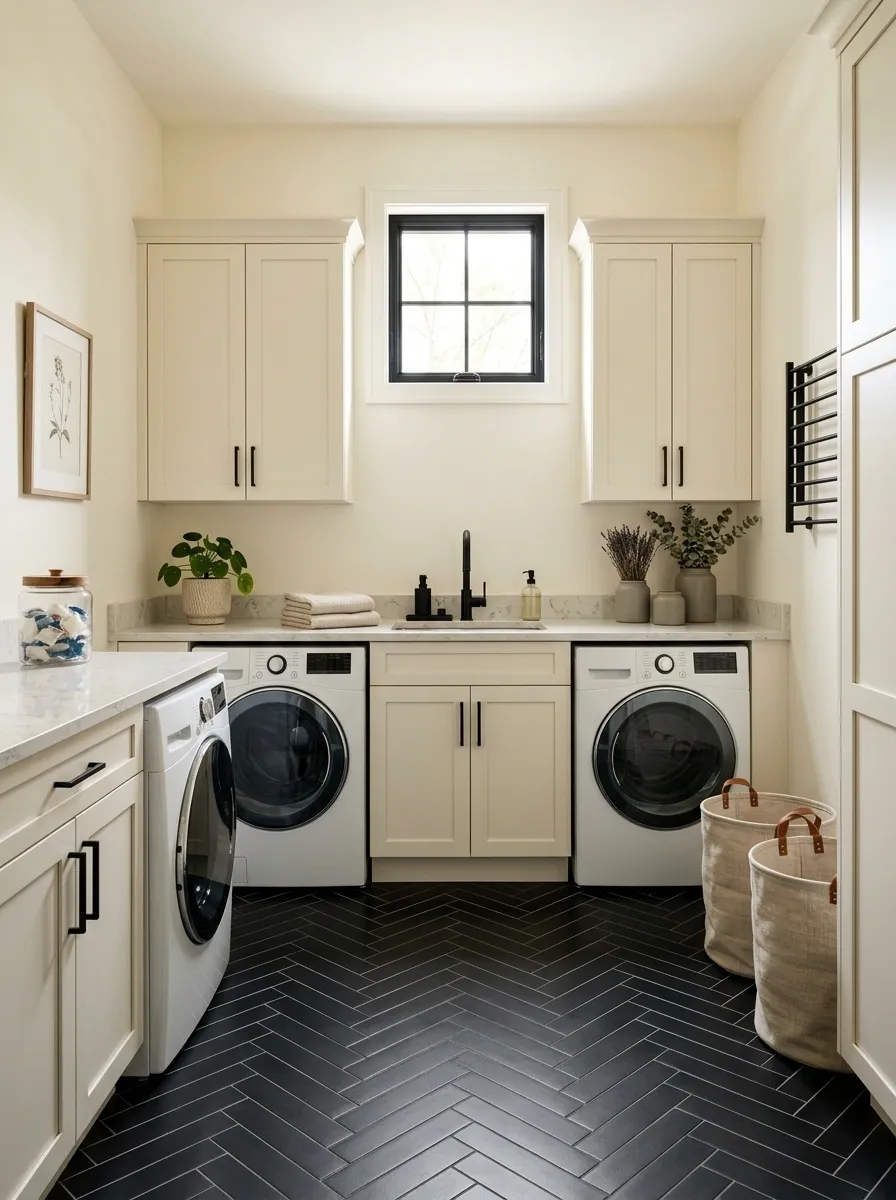 Black Herringbone Floor With Quiet White Cabinetry