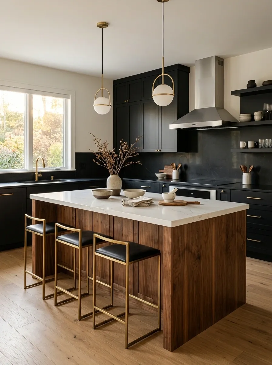 Black Kitchen With a Warm Walnut Island and White Stone