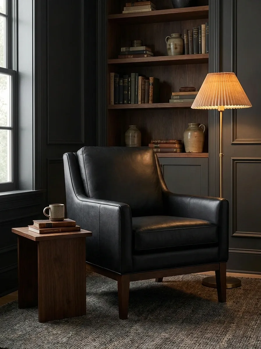 Black Leather Chair in a Moody Home Office
