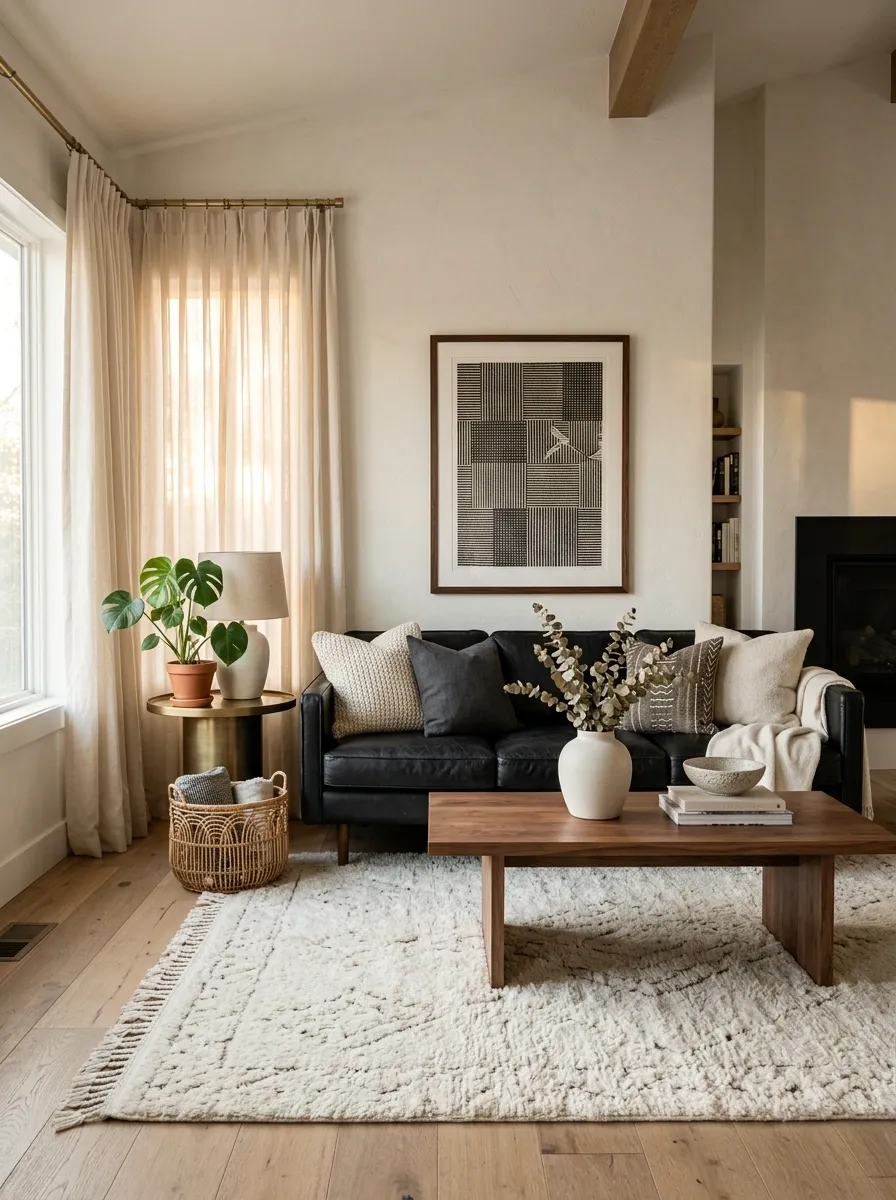 Black Leather Sofa With Soft White Textiles