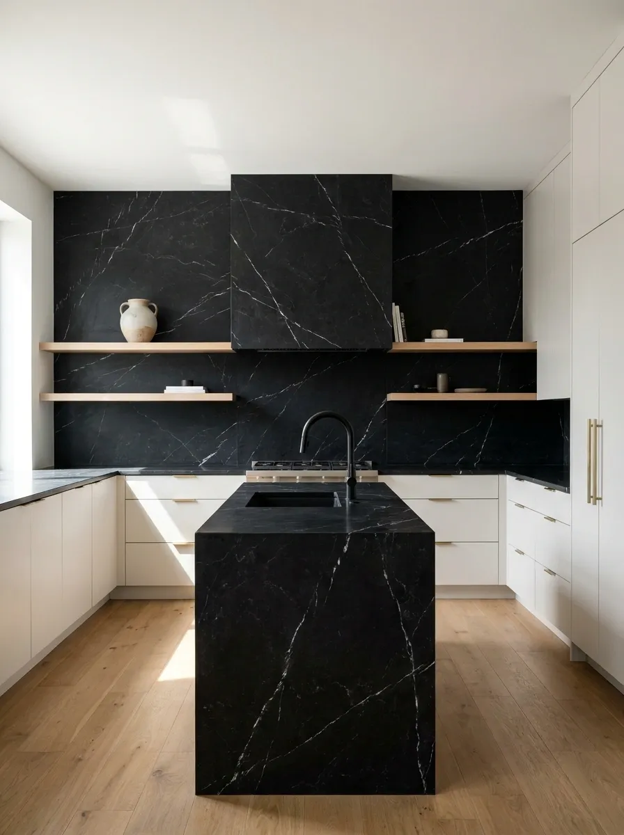 Black Marble Kitchen With Soft White Cabinetry
