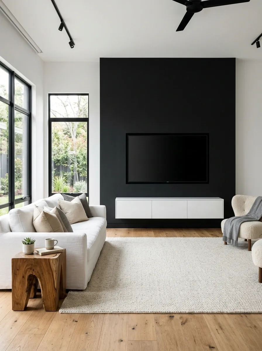 Black Media Wall With a White Floating Cabinet