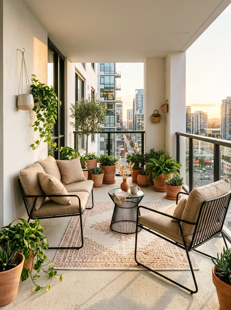 Black Metal Balcony With Terracotta Accents