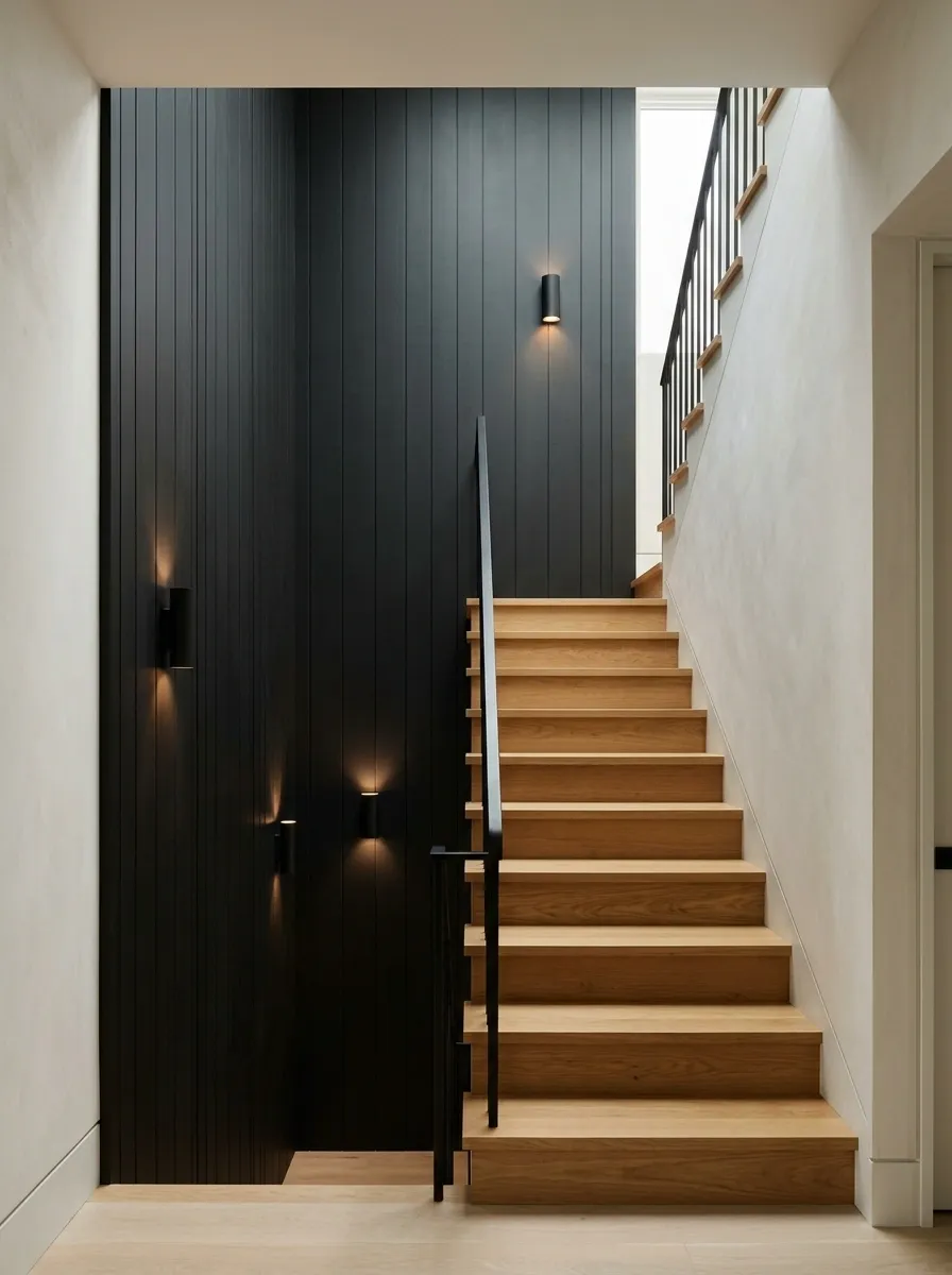 Black Paneling With a Warm Oak Staircase