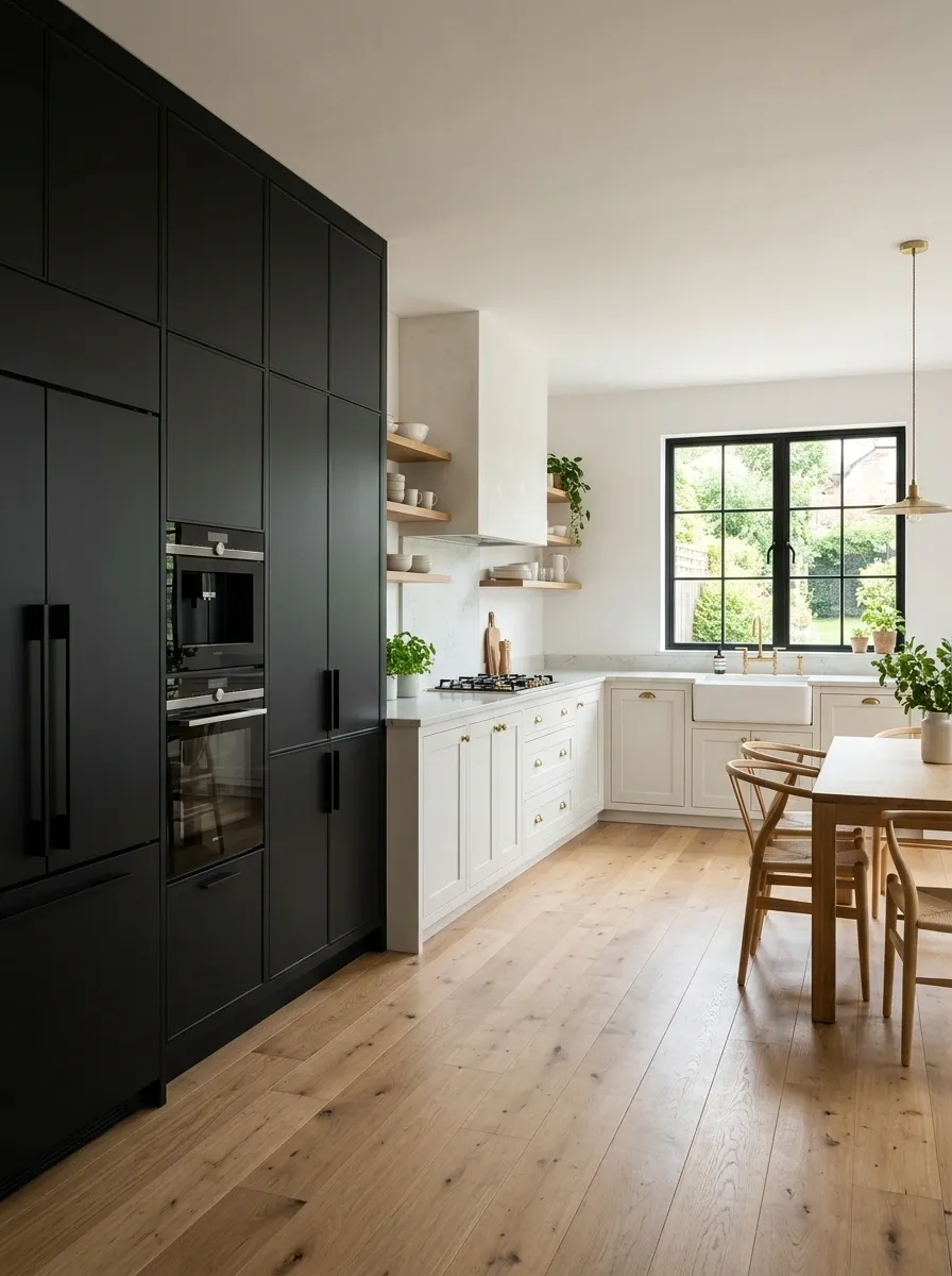 Black Pantry Wall With a Bright White L-Shaped Kitchen