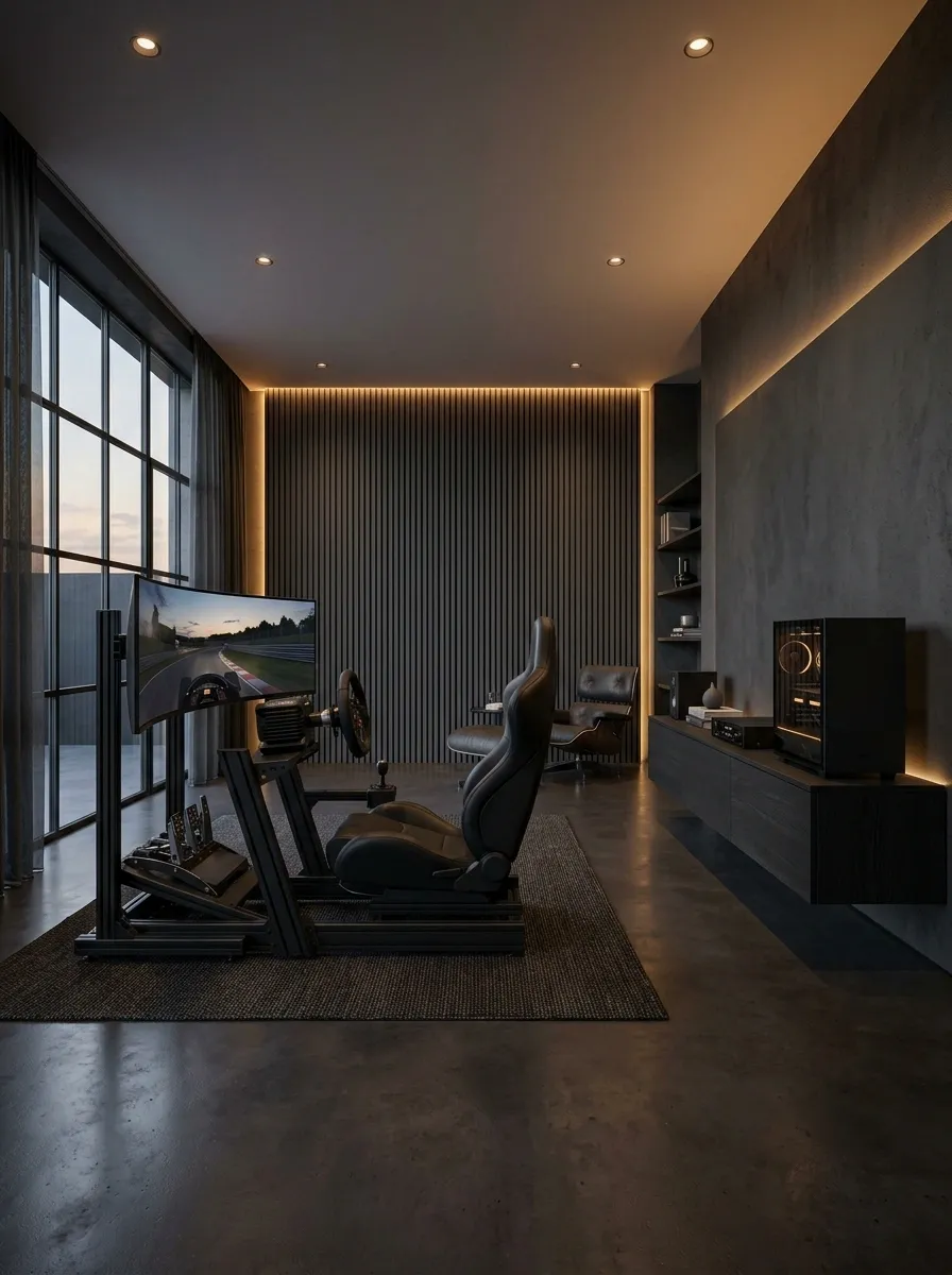 Black Racing Simulator Room With a Dedicated Cockpit