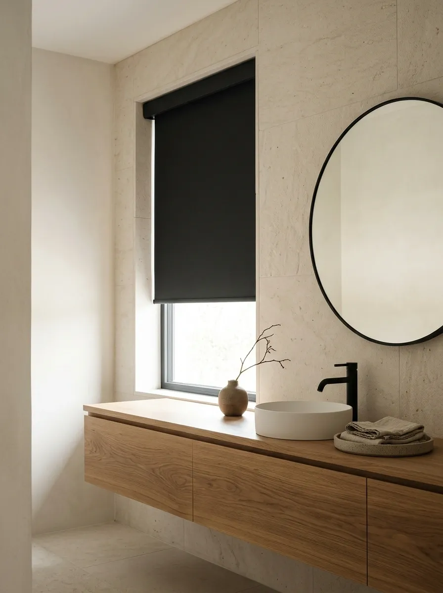 Black Roller Shades Against Pale Stone