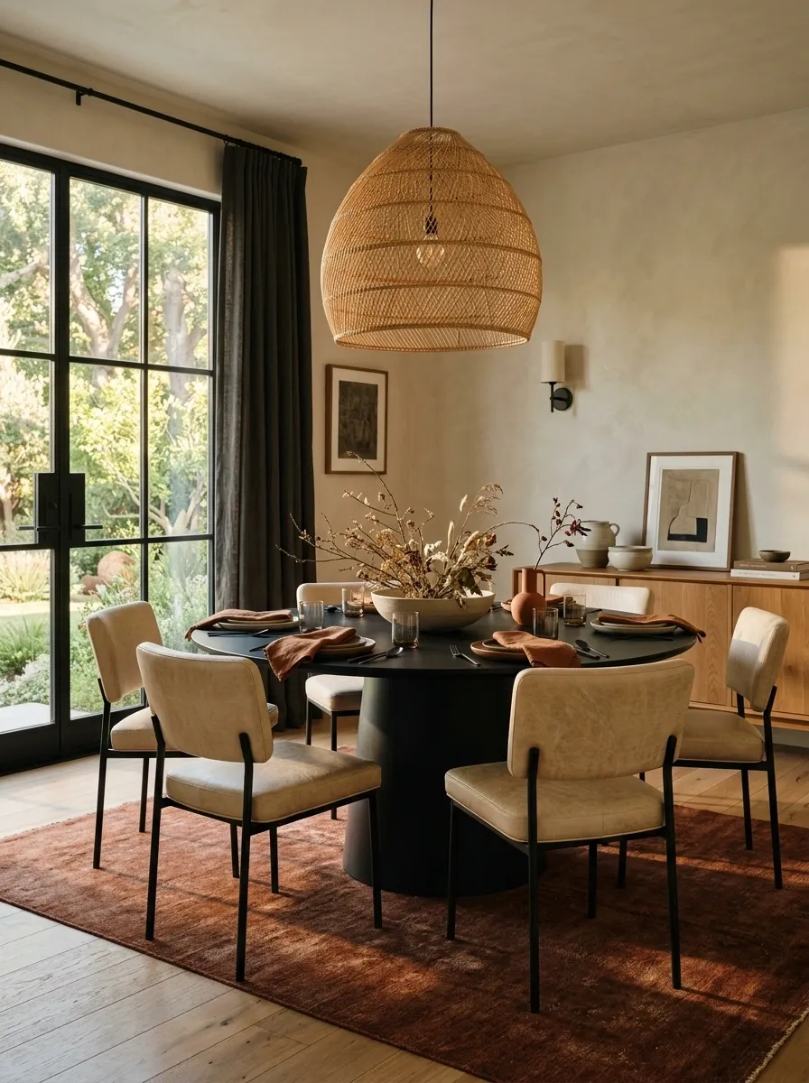 Black Round Table With Rust-Colored Textiles