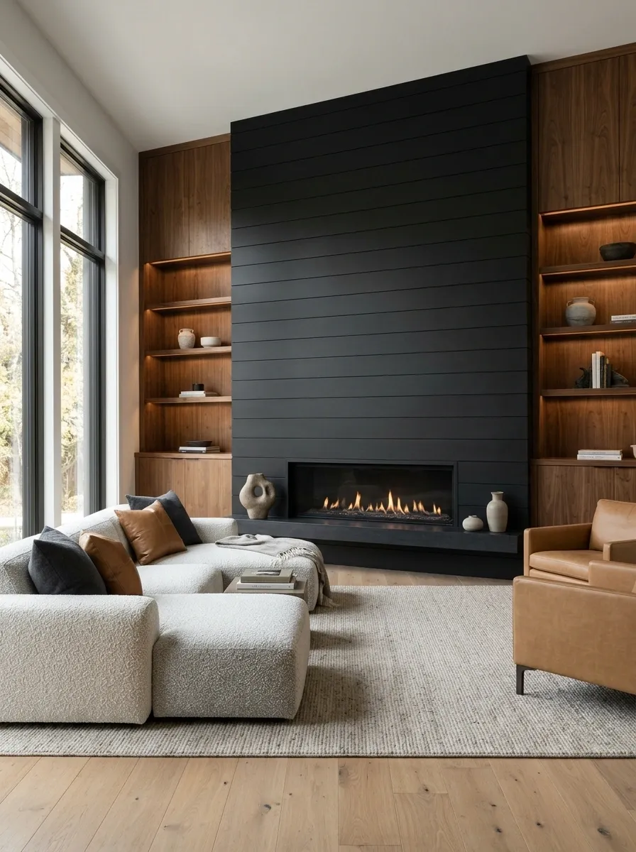 Black Shiplap Fireplace Wall in a Contemporary Den