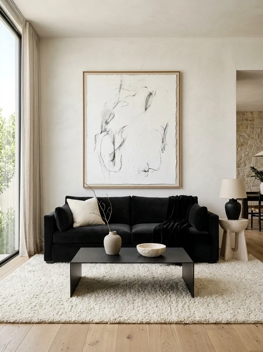 Black Sofa With an Oversized White Art Piece