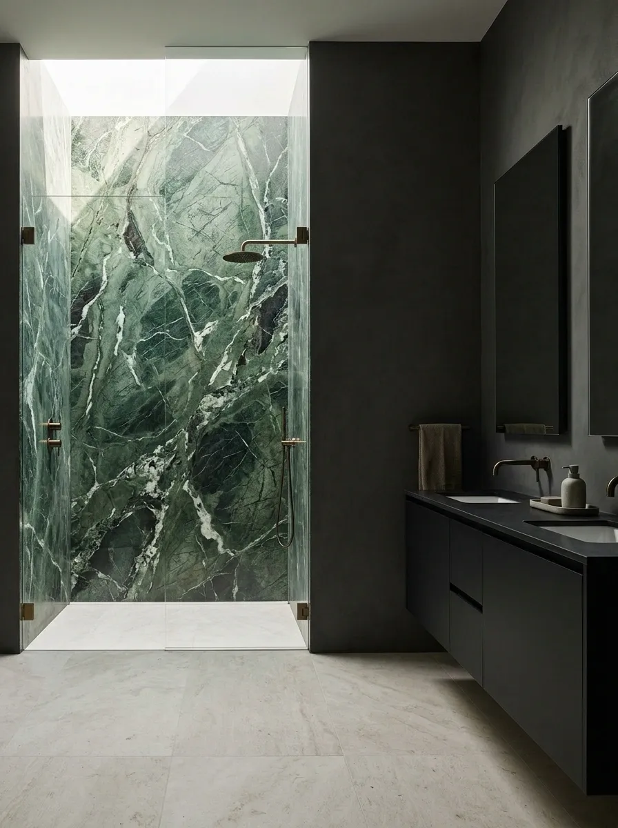 Black Stone Bathroom With a Single Green Marble Wall