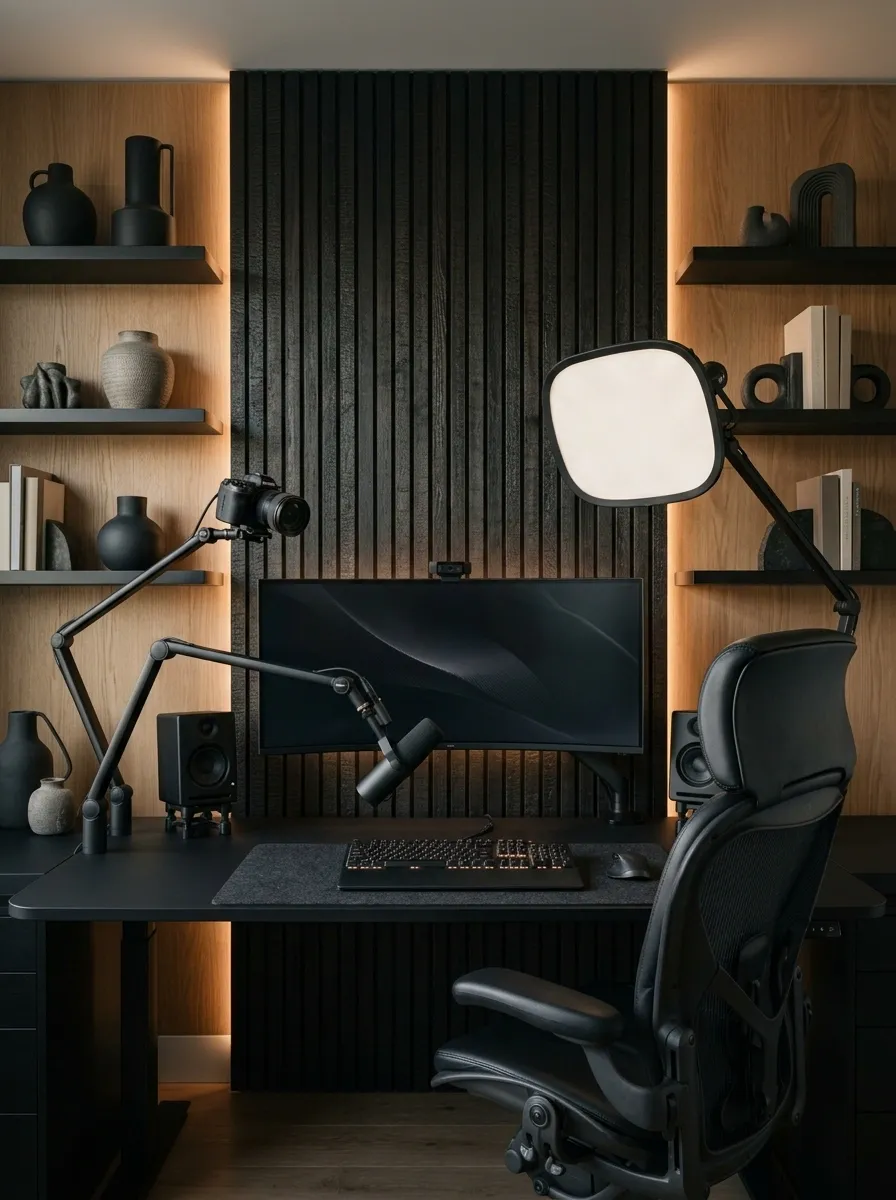 Black Streamer Studio With a Camera-Ready Background