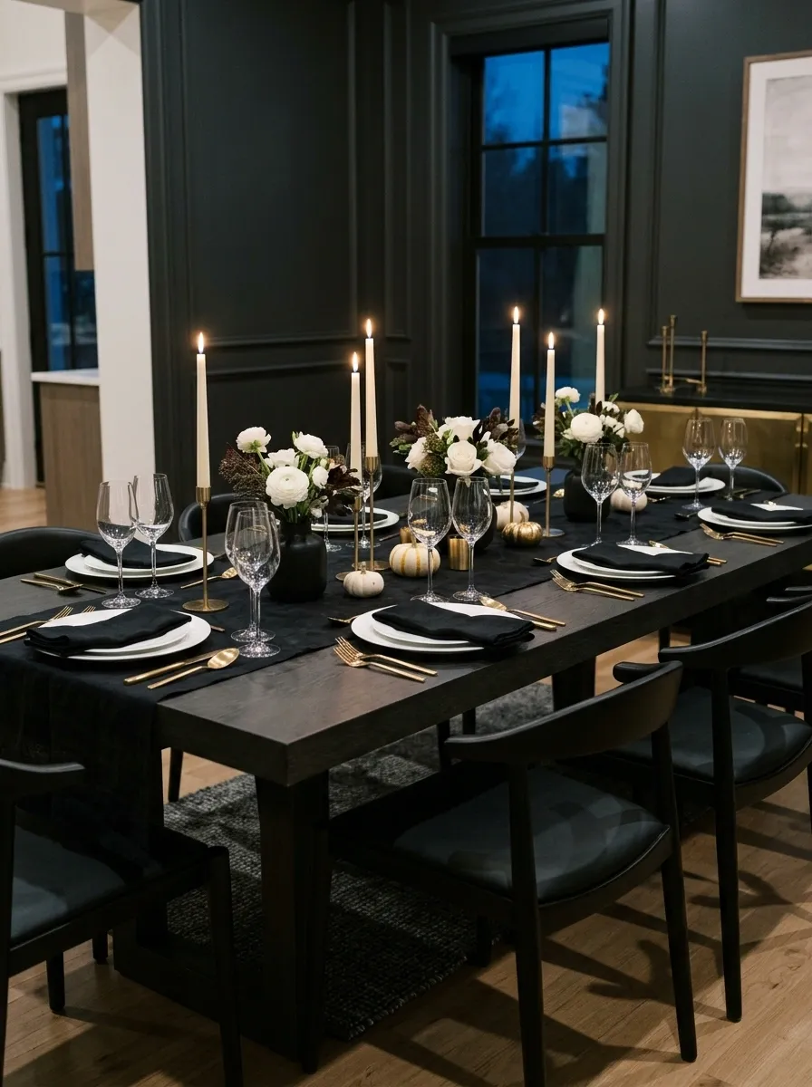 Black-Tie Thanksgiving With Porcelain, Brass, and Black Linen