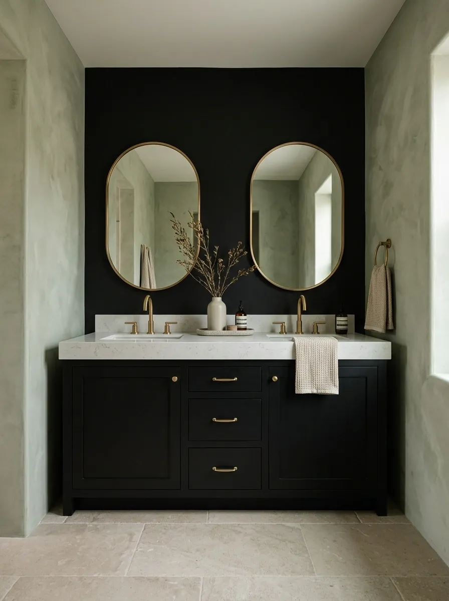 Black Vanity Wall Against Muted Green Plaster