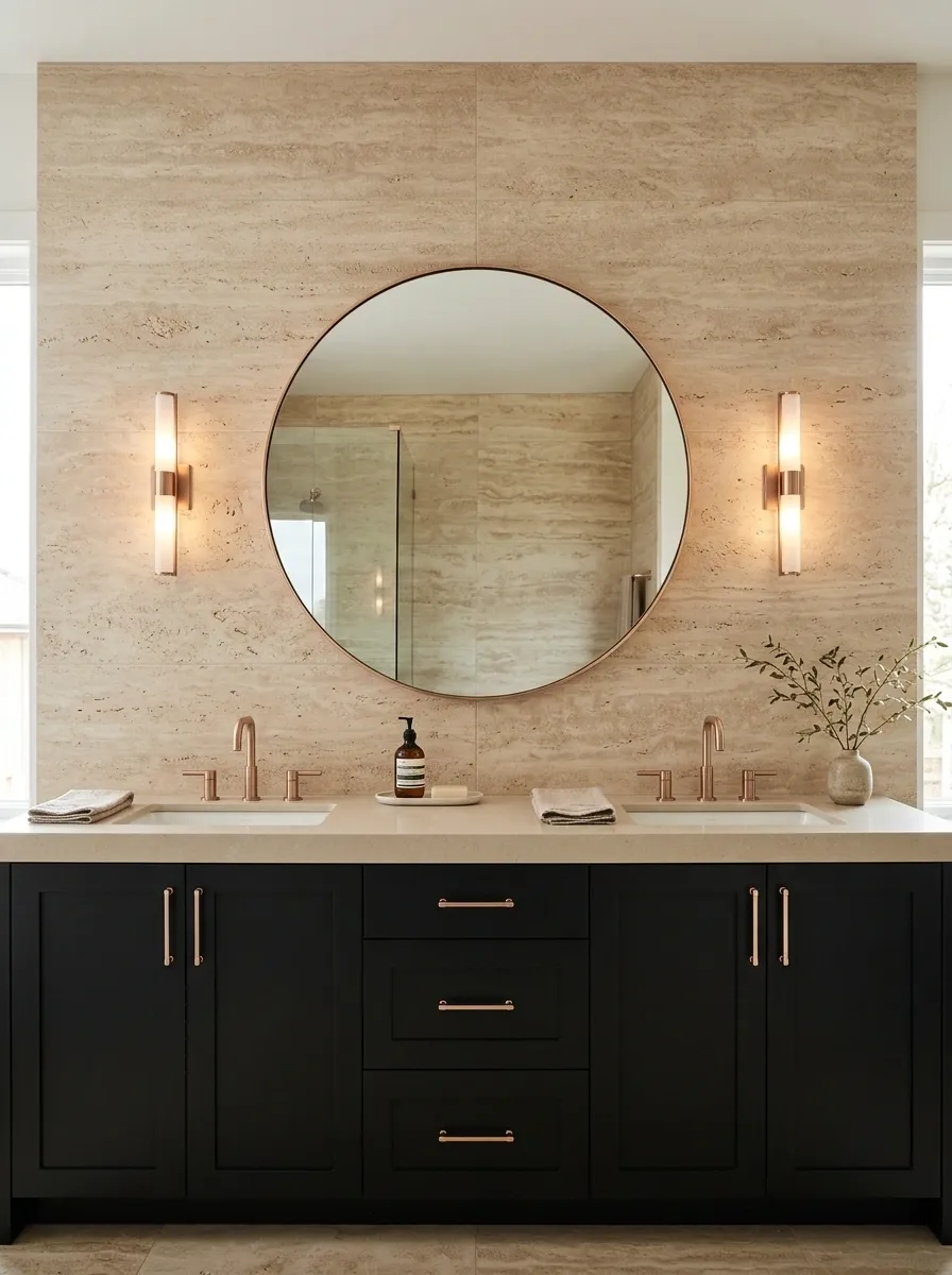 Black Vanity With Beige Travertine and Rose Gold Details