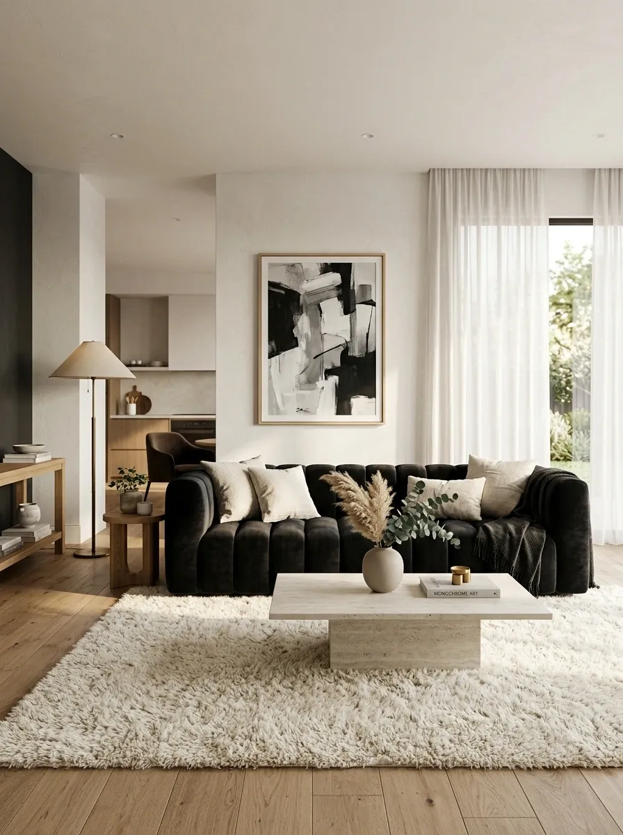 Black Velvet Sofa With Soft White Walls