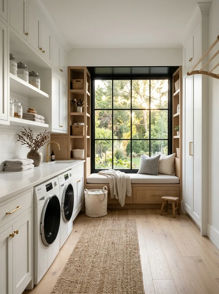 Black Window Seat and White Cabinetry in a Light-Filled Laundry Room