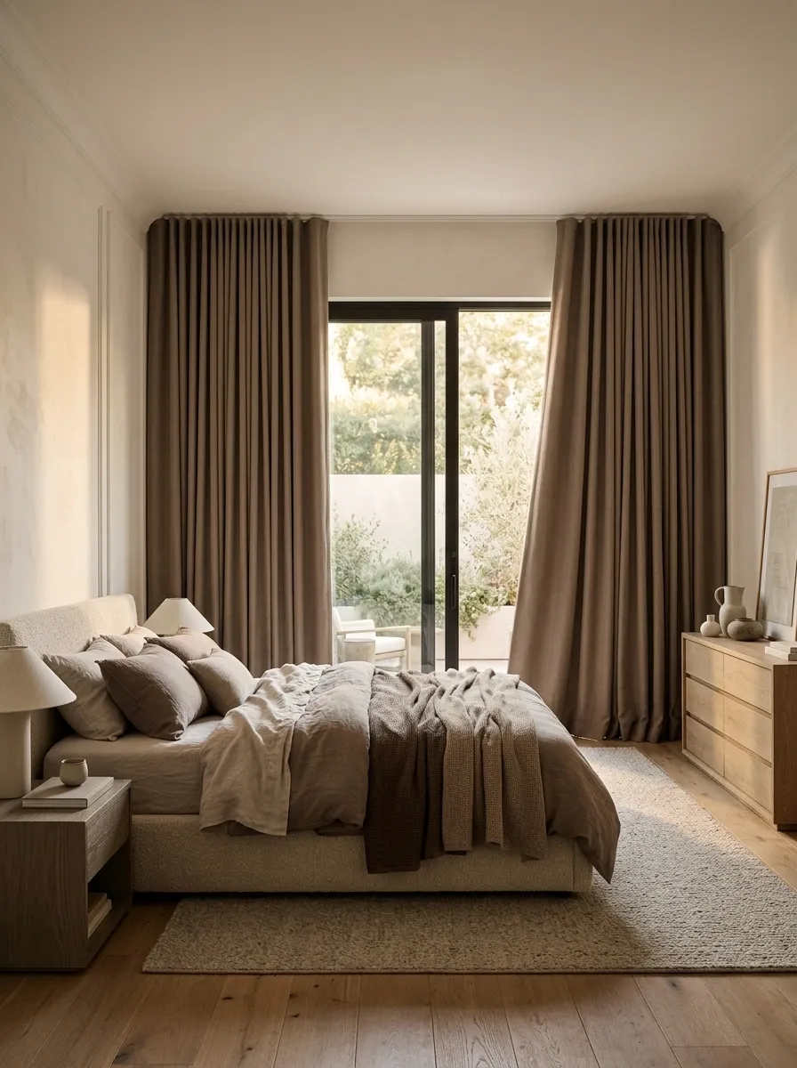 Blackout Curtains in a Calm, Layered Bedroom