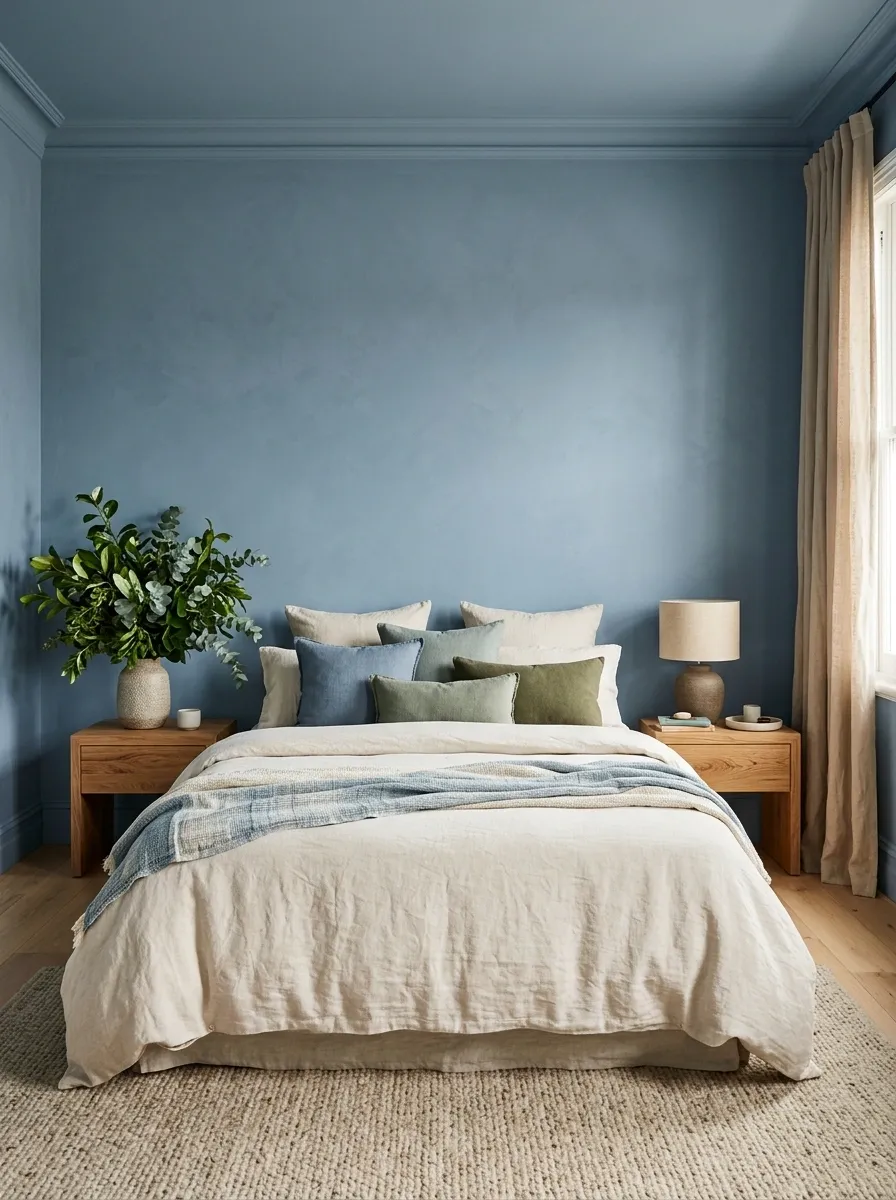 Blue and Green Bedroom With Natural Linen and Glossy Foliage
