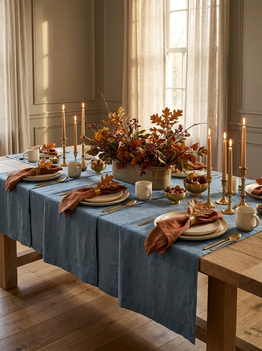 Blue and Rust Thanksgiving Tablescape With Traditional Details