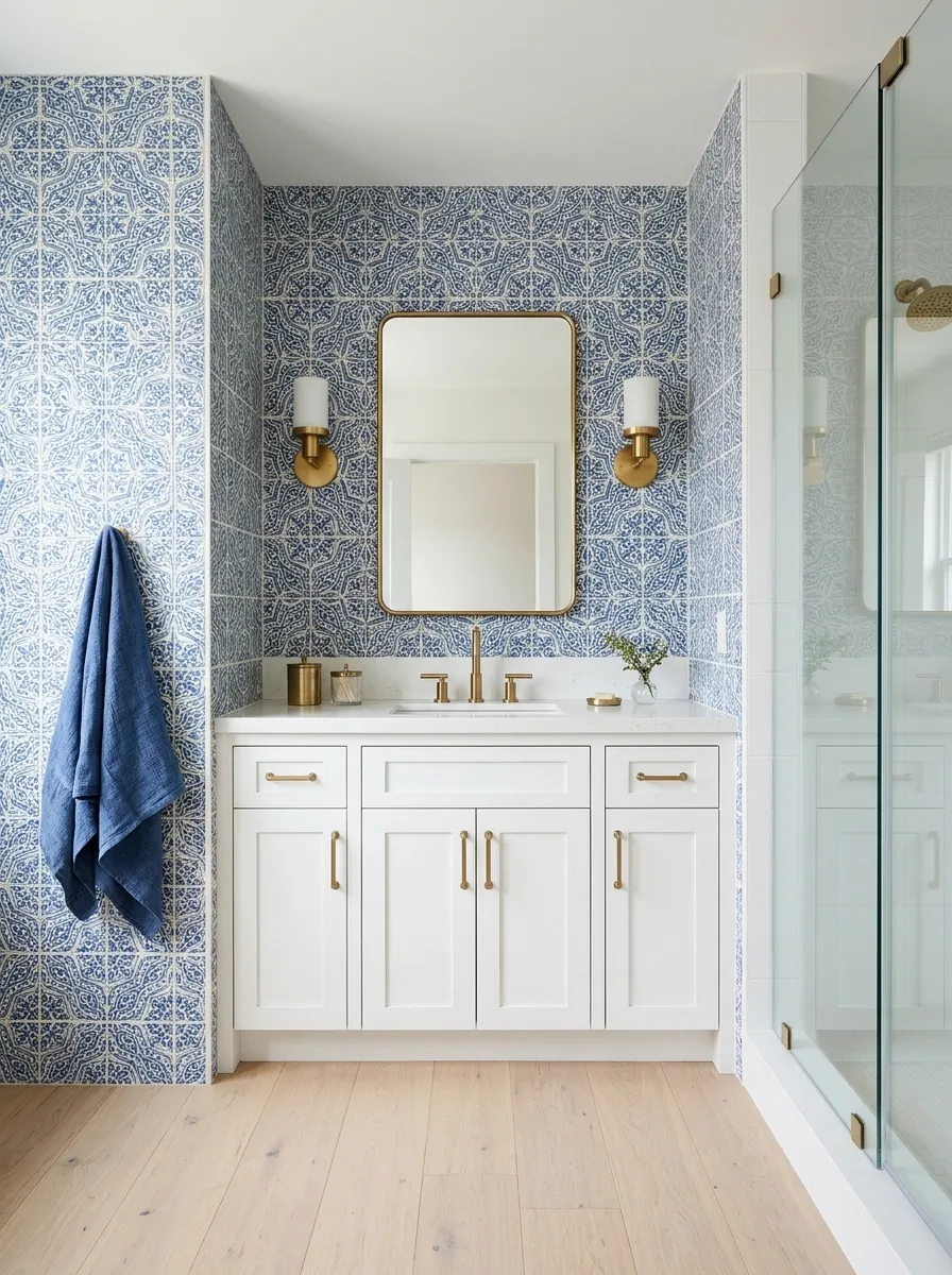 Blue-and-White Bathroom With a Tiled Vanity Wall and Plain Cabinetry