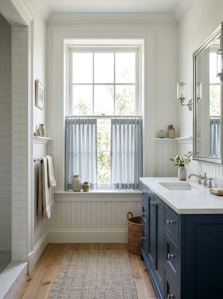 Blue-and-White Café Curtains in a Classic Bathroom
