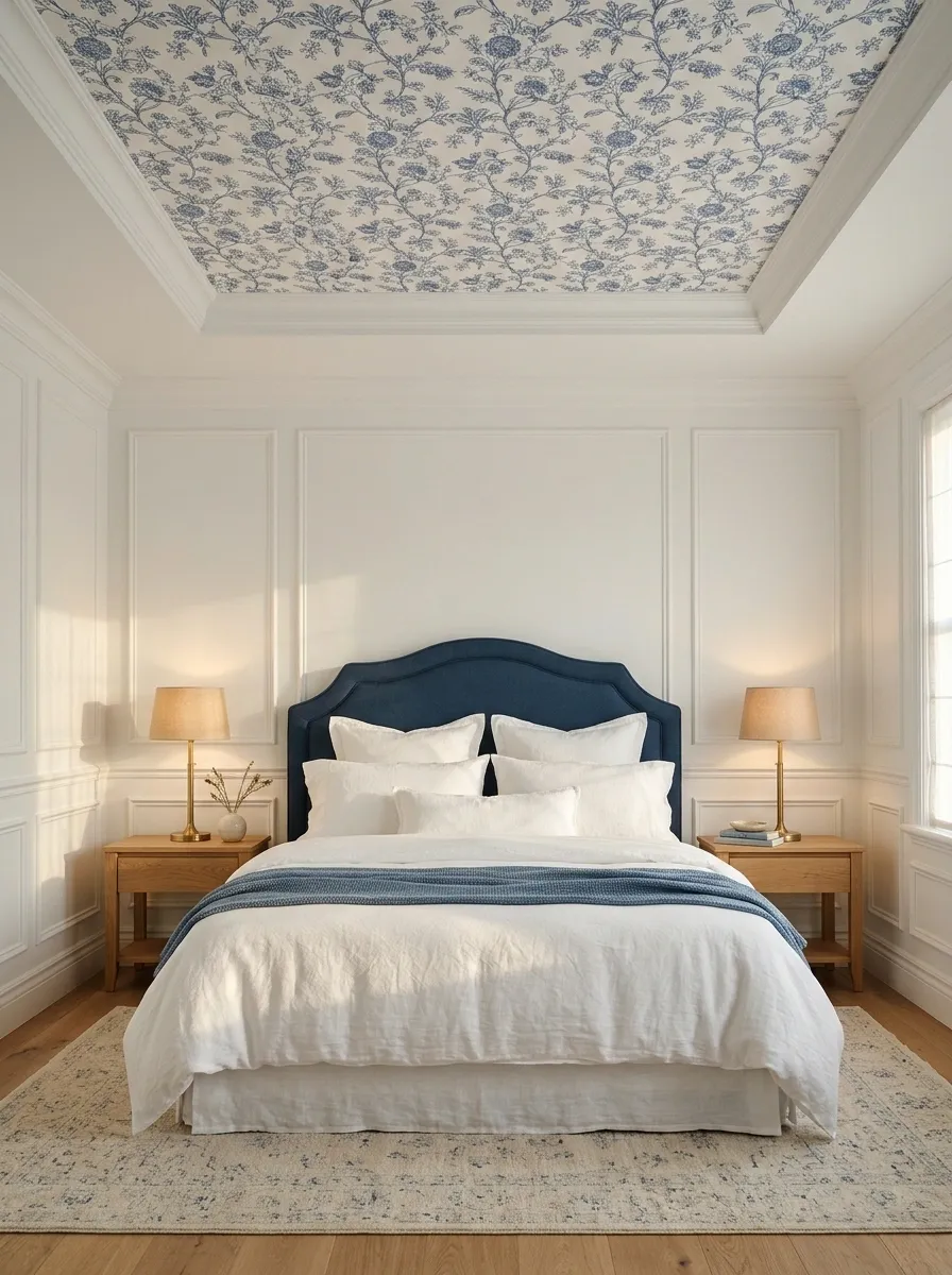 Blue-and-White Ceiling Wallpaper in a Classic Bedroom