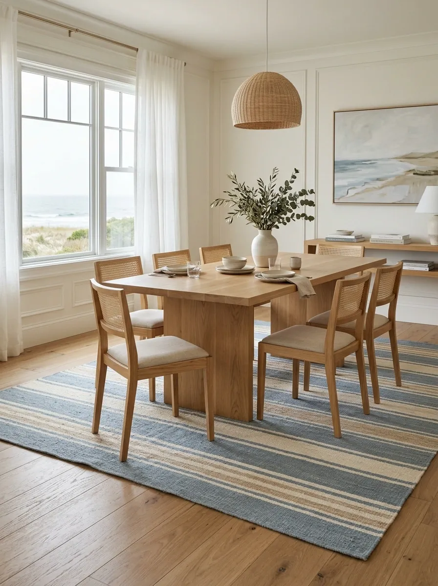 Blue and White Coastal Dining Room With a Striped Flatweave Rug