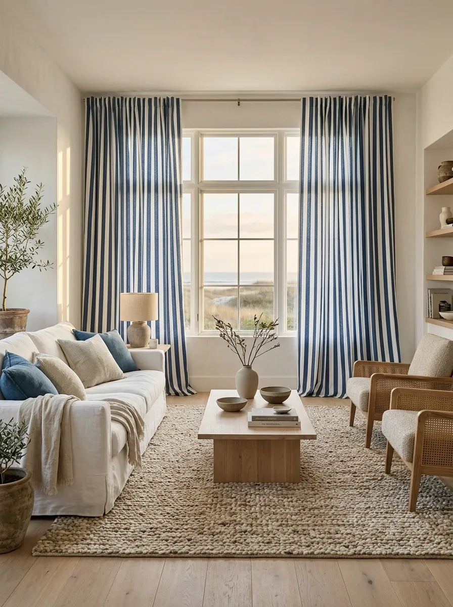 Blue-and-White Striped Curtains in a Relaxed Coastal Living Room