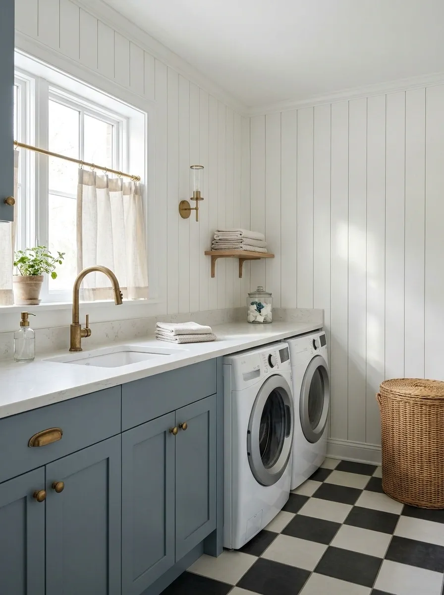 Blue-and-White Utility Room With Checkered Flooring