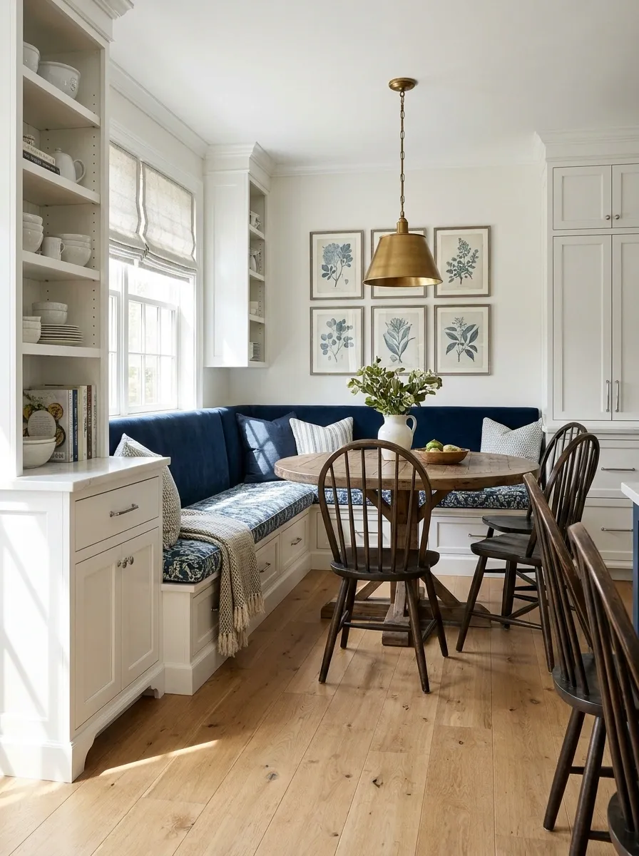 Blue Banquette With Patterned Fabric in a Traditional Kitchen